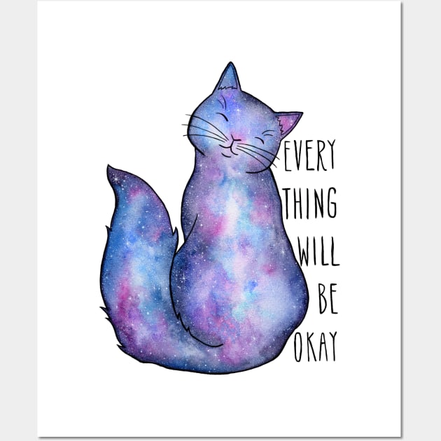 Everything Will Be Ok Blue Galaxy Cat Wall Art by dragonstarart